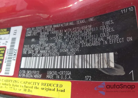 2011 Toyota Tundra Grade 5.7L V8 из США, поврежденный, VIN 5TFUW5F15BX176629